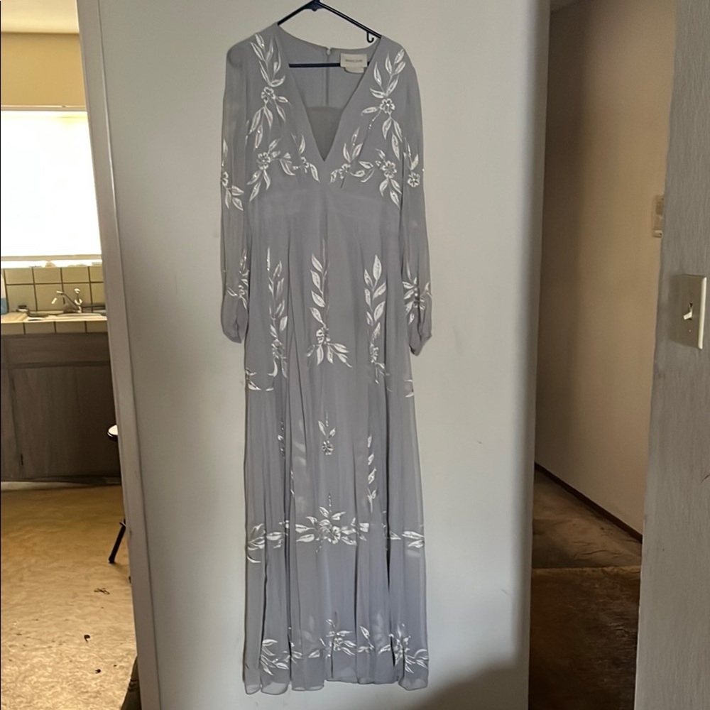 BHLDN Gray Long Sleeve Dress with White Floral Design